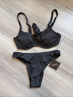 Zaful Black Ribbed Underwire Bikini Set